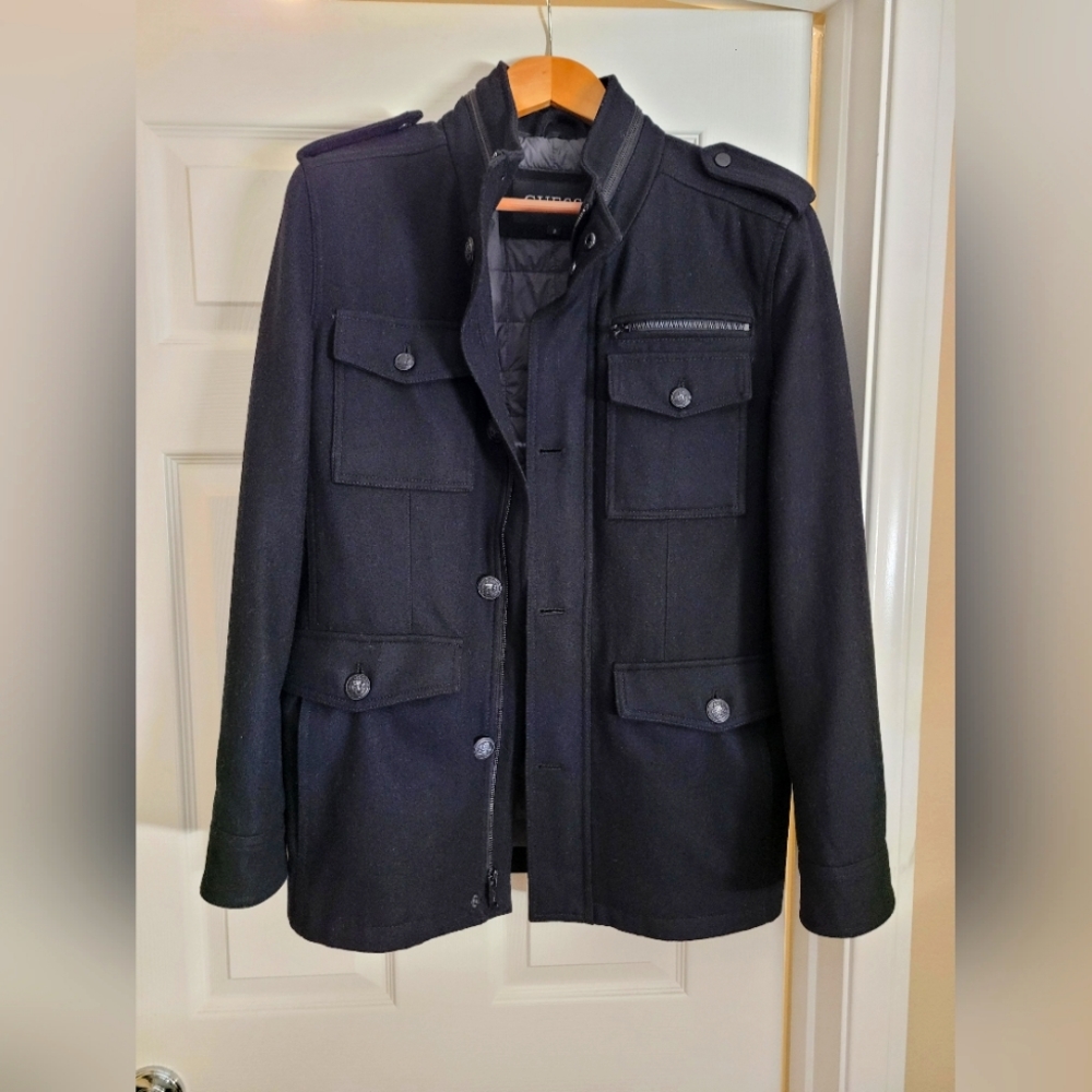 Guess Mens Wool-Blend Military Style Coat Jacket S